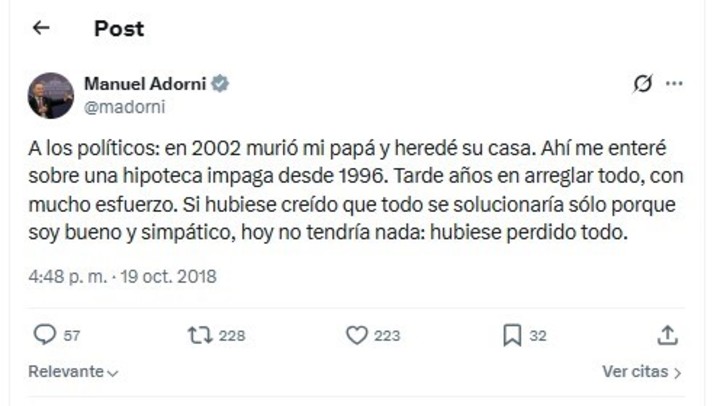 La publicación de 2018 en la que Manuel Adorni hablaba de la hipoteca sobre la casa familiar