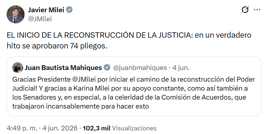 El festejo de Milei y Mahiques por la aprobación de 74 pliegos judiciales - X Milei