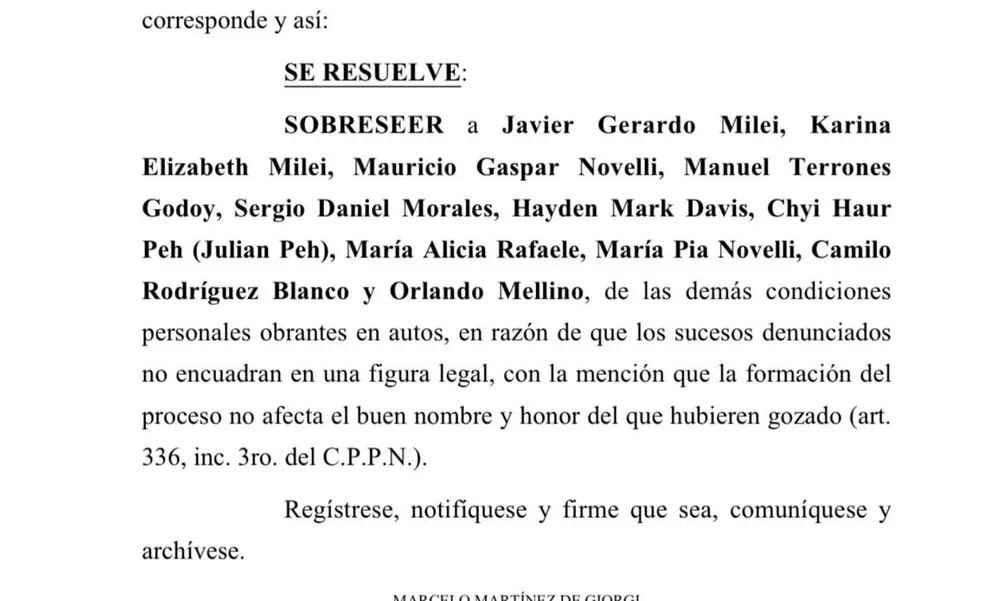 El juez federal Martínez de Giorgi decidió sobreseer a Javier y Karina Milei, en el marco de la caus